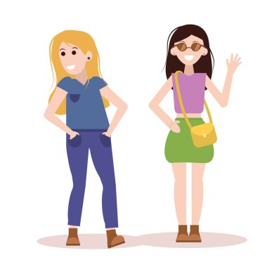  Düz stili olan iki genç kadın, beyaz arka planda izole edilmiş.