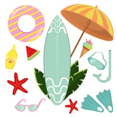  Yaz, sahil ve eğlence teması üzerine vektör çizimi. Beyaz arkaplanda izole edilmiş resimler kümesi