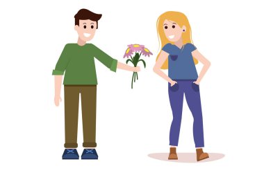 Genç sarışın bir kadın ve bir buket çiçekli düz bir adamın vektör çizimi. Beyaz bir arkaplanda izole edilmiş