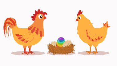  Yumurtalı bir yuvanın yanındaki tavuk ve horozun vektör çizimi, bunlardan biri de gökkuşağı renginde. Beyaz bir arkaplanda izole edilmiş