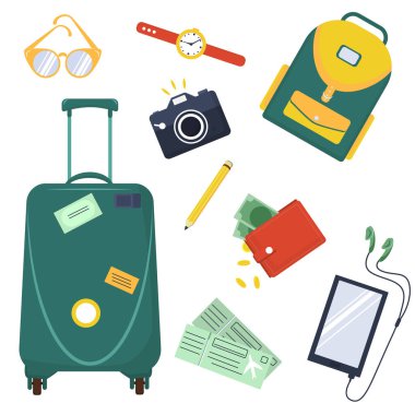  Turistik öğelerin temasında vektör çizimleri, beyaz arka planda izole. Turizm ve seyahat konusuna gelelim.