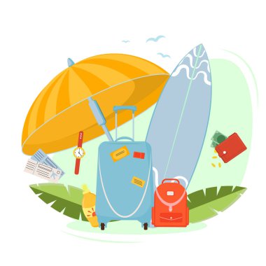  Yaz, sahil ve eğlence teması üzerine vektör çizimi. Beyaz arkaplanda izole edilmiş resimler kümesi