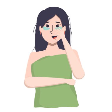  Gözlerinin altında kozmetik bantları olan, duştan sonra havluya sarılmış genç bir Asyalı kadının vektör çizimi. Kişisel bakım kavramı.