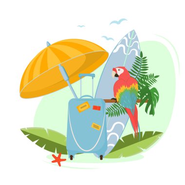  Tropik ülkelerde tatil ve tatil teması üzerine yaz vektör illüstrasyonu. Beyaz bir arkaplanda izole edilmiş