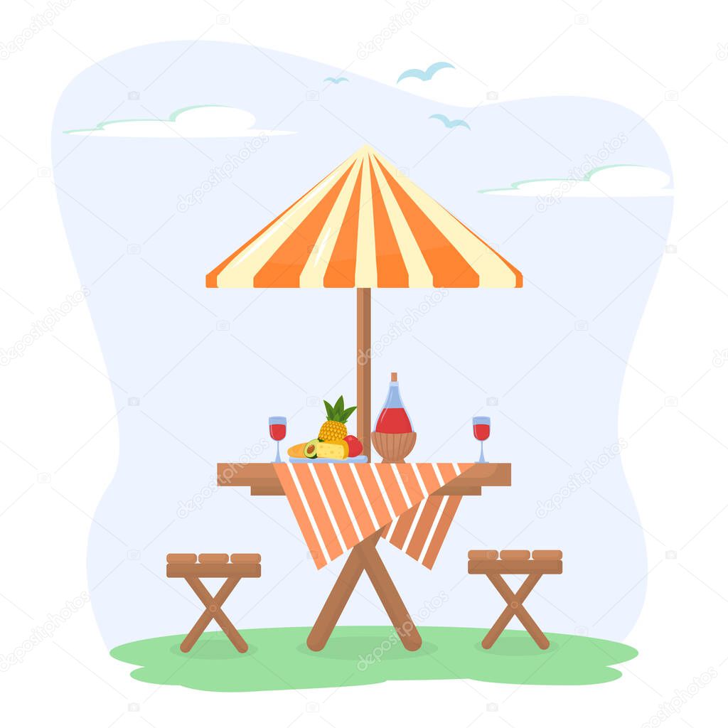  vector illustration on the theme of summer picnics. Wooden table with a bottle of red wine, glasses and a plate of fruit and cheese