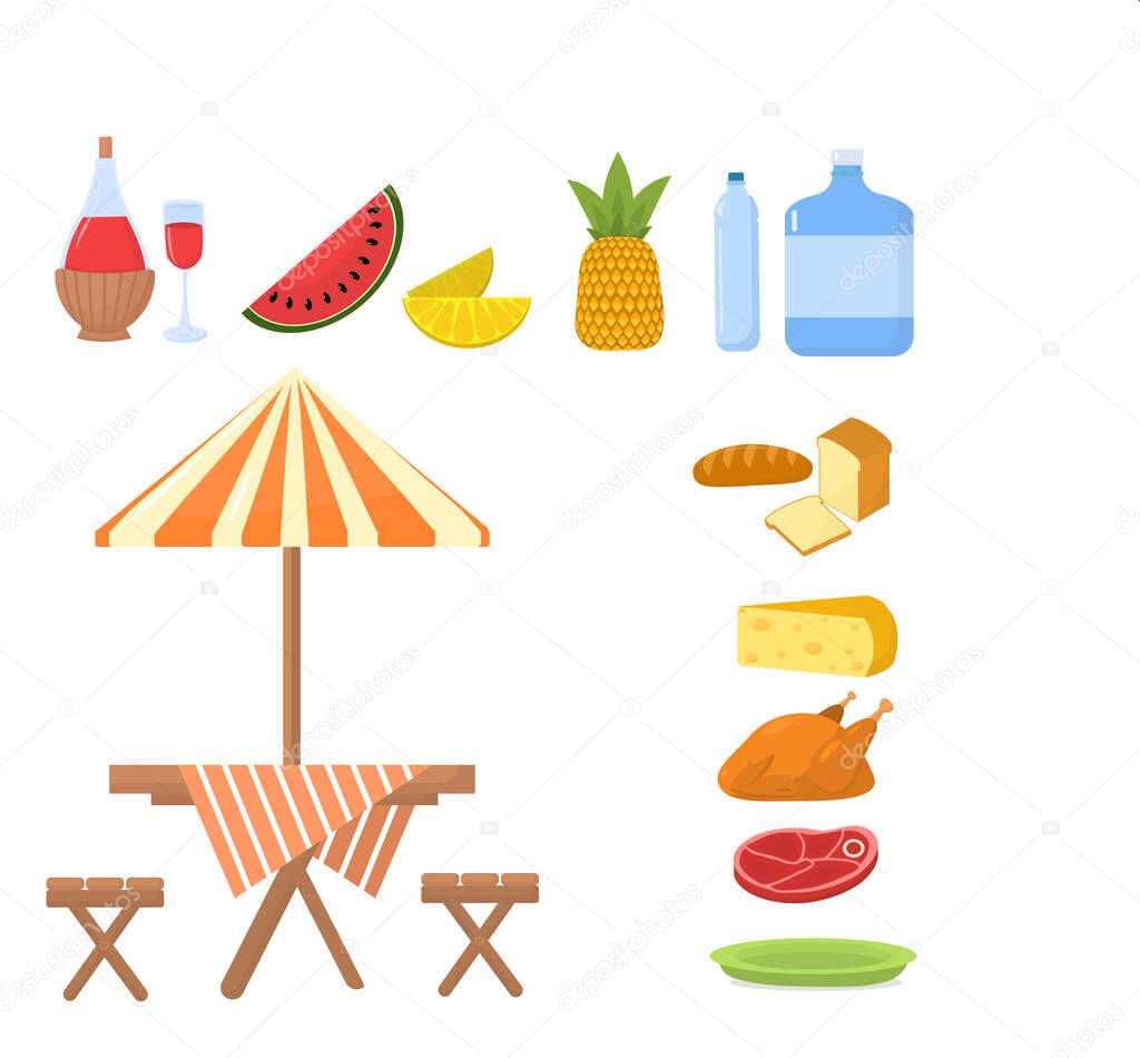 summer vector illustration on the theme of picnics and barbecues, set isolated on a white background