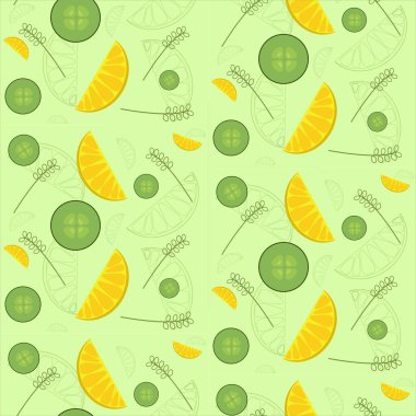  Yeşil zemin üzerinde turunçgil dilimleri ve salatalık dilimleri olan bahar-vektör deseni