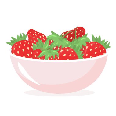  Beyaz arka planda izole edilmiş çilek dolu pembe bir kasenin vektör çizimi