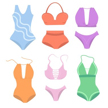 Yaz vektör illüstrasyonu. Beyaz arka planda izole edilmiş çok renkli kadın mayoları.