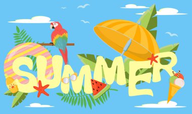 Yaz ve tatil konulu vektör çizimi. Palmiye yaprakları ve yaz nesneleriyle süslenmiş bulutlarla dolu mavi bir arka planda yaz tatili.