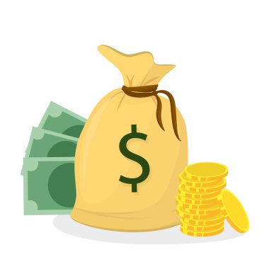  Arka planda banknotlar ve ön planda bir yığın bozuk para olan bir tuval para çantasının vektör çizimi