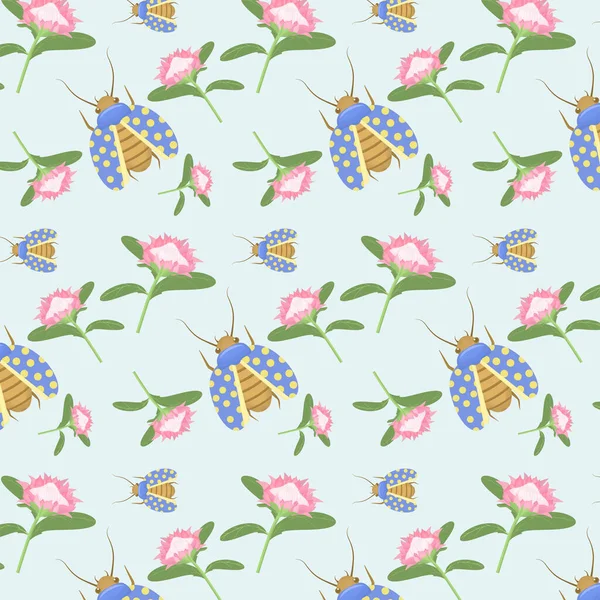 Summer Spring Vector Pattern Protea Flowers Polka Dot Beetles Light — Stock Vector