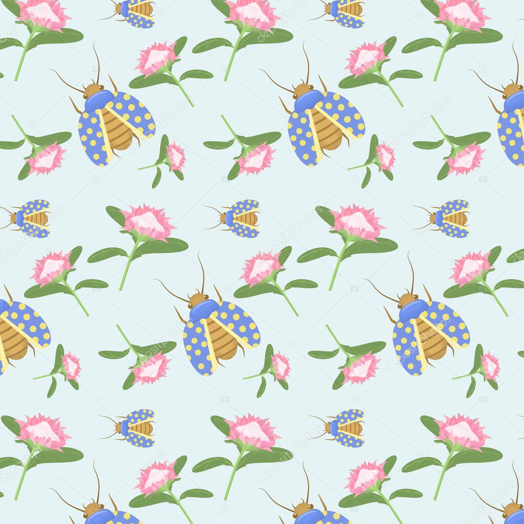  summer-spring vector pattern with protea flowers and polka-dot beetles on a light blue background