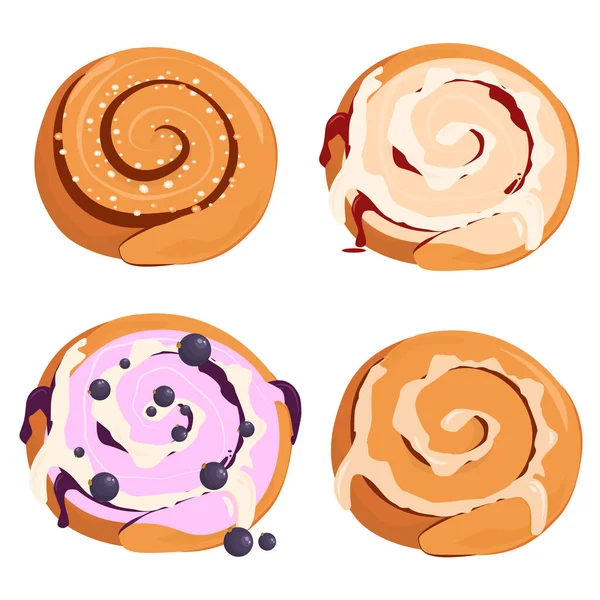 Conjunto Ilustraciones Vectoriales Sobre Tema Los Rollos Canela Crema Aislado — Vector de stock