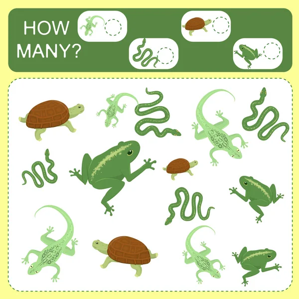 爬虫類をテーマにした就学前の子供のための教育数学ゲーム 写真のトカゲ カメレオン ヘビの数を数え その結果を記録します — ストックベクタ