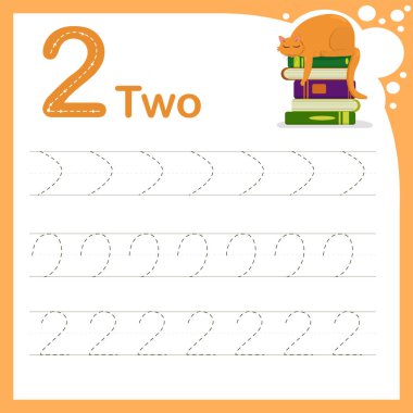  Sayıları öğrenmek için bir çocuğun görevinin çizgi vektör çizimi. İki numarayla bir çalışma kağıdı. El yazısı eğitimi