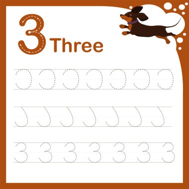  Sayıları öğrenmek için bir çocuğun görevinin çizgi vektör çizimi. Üç numarayla bir çalışma kağıdı. El yazısı eğitimi