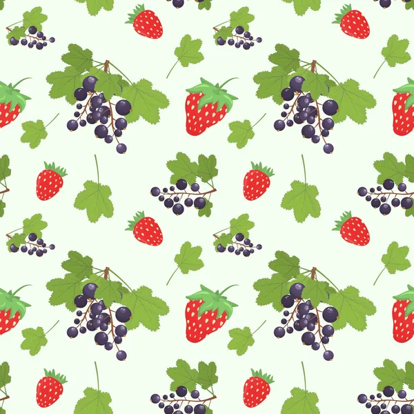 Summer Vector Pattern Blackcurrant Berries Strawberries White Background — Stok Vektör