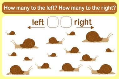 Sağlı sollu çocuklar için bir mantık oyunu. Salyangozlarla uzay oryantasyonu. Eğitim kâğıdı. Kaç salyangoz sola döndü, kaç salyangoz sağa döndü say..
