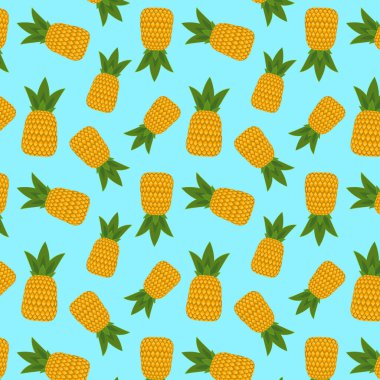 Mavi zemin üzerinde ananas olan tropik vektör deseni