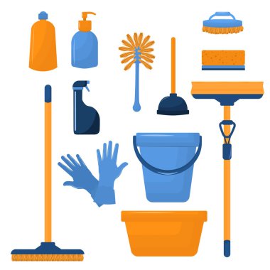  Temizlik temasını paspas ve deterjanla çizmek. Temizlik araçları kümesi