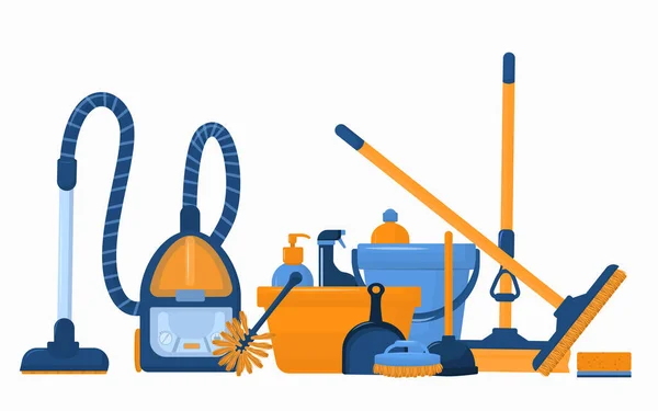 Vector Illustration Theme Cleaning Different Types Vacuum Cleaners Mops Detergents — Stock Vector