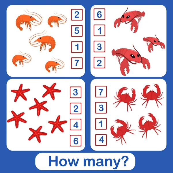 Εκπαιδευτικό Παιχνίδι Μαθηματικών Για Παιδιά Προσχολικής Ηλικίας Θέμα Θαλάσσια Υποβρύχια — Διανυσματικό Αρχείο
