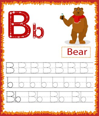  Çocuklar için karikatür kelime dağarcığı olan egzersizlerin vektör çizimi. Renkli harf B büyük harf ve küçük harf A-Z, iz sürme ve günlük basılabilir. El yazısı alıştırması çalışma listesi 