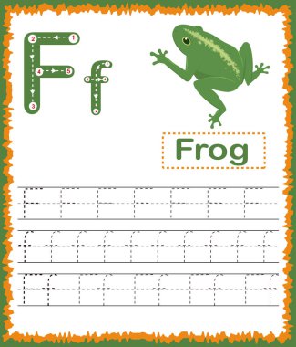 Çocuklar için karikatür kelime dağarcığı olan egzersizlerin vektör çizimi. Renkli harf F büyük harf ve küçük harf A-Z, iz sürme ve günlük basılabilir. El yazısı alıştırması çalışma listesi 