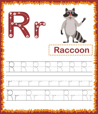 Çocuklar için karikatür kelime dağarcığı olan egzersizlerin vektör çizimi. Renkli harf R büyük harf ve küçük harf A-Z, iz sürme ve günlük yazdırılabilir. El yazısı alıştırması çalışma listesi