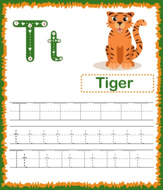 Çocuklar için karikatür kelime dağarcığı olan egzersizlerin vektör çizimi. Renkli harf T büyük harf ve küçük harf A-Z, iz sürme ve günlük basılabilir. El yazısı alıştırması çalışma listesi