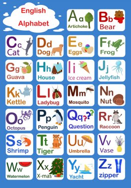  Çocuklar için İngilizce alfabe alfabesinden harfler. Sözcükler ve resimlerle İngiliz alfabesinin vektör illüstrasyonu