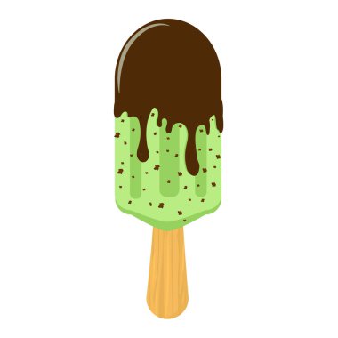  Nane yeşili çikolatalı dondurmanın vektör çizimi, içinde çikolata parçaları olan tahta bir çubuk.