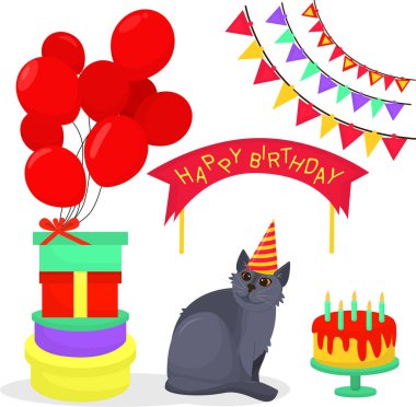  Hediyeler, balonlar, bayraklar ve şapkalı komik bir İngiliz kedisiyle doğum günü teması üzerine bir dizi şenlikli vektör çizimleri.