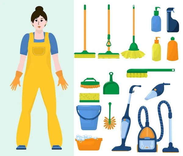 Set Vector Illustrations Theme Cleaning Young Woman Vacuum Cleaner Detergents — Stock Vector