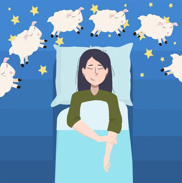 Genç Asyalı Esmer Bir Kadının Yatakta Uyuyakalıp Yatmadan Önce Koyunları — Stok Vektör