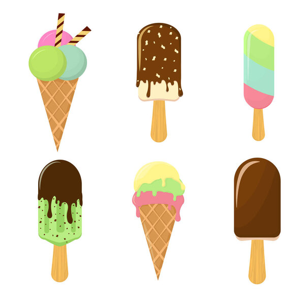 a set of vector illustrations of a variety of ice cream on a stick and in a waffle cone, isolated on a white background