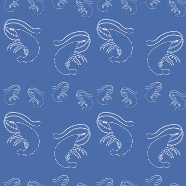  Mavi arkaplanda karides siluetleri olan deniz vektör deseni