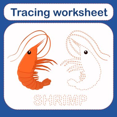  Deniz temalı karidesli bir çocuk oyununun vektör çizimi. İnce motor beceriler için okul öncesi çalışma çizelgesi. Noktalı çizgiler. İz çalışma tablosu.