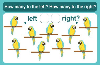  Sağlı sollu çocuklar için bir mantık oyunu. Papağanlarla mekansal uyum. Eğitim kâğıdı. Kaç papağan sola döndü, kaç papağan sağa döndü say..