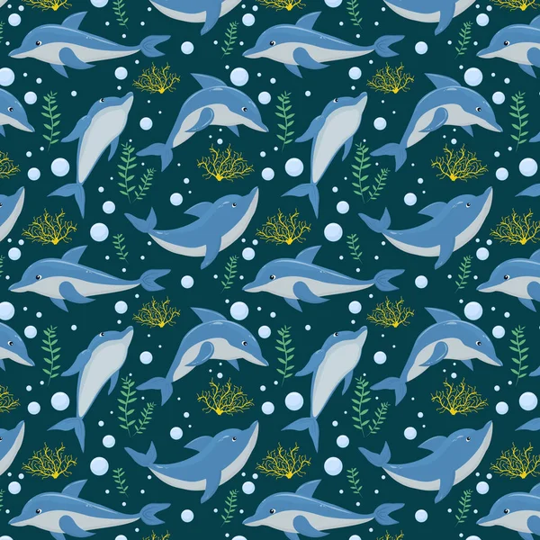 以海豚 藻类和珊瑚为深蓝色背景的海洋病媒图案 — 图库矢量图片
