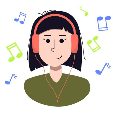  Beyaz bir arka planda izole edilmiş, kulaklıkla müzik dinleyen Asyalı genç bir kadının portresinin vektör çizimi