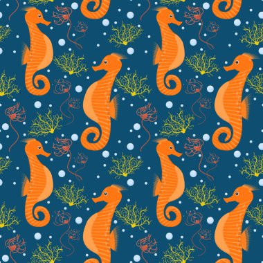  Koyu mavi arka planda deniz atları ve yosunlu deniz vektör deseni