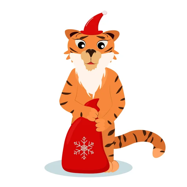 Navidad Vector Ilustración Tigre Con Una Barba Con Una Bolsa — Archivo Imágenes Vectoriales