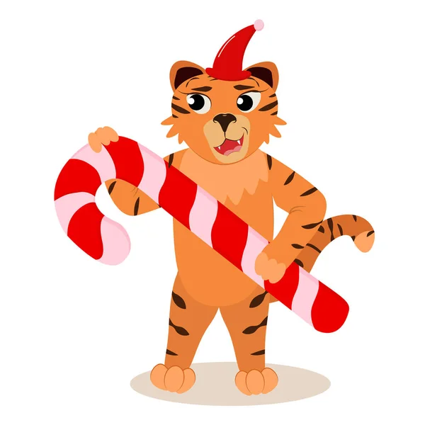 Navidad Vector Ilustración Tigre Con Bastón Caramelo Las Manos Aisladas — Archivo Imágenes Vectoriales