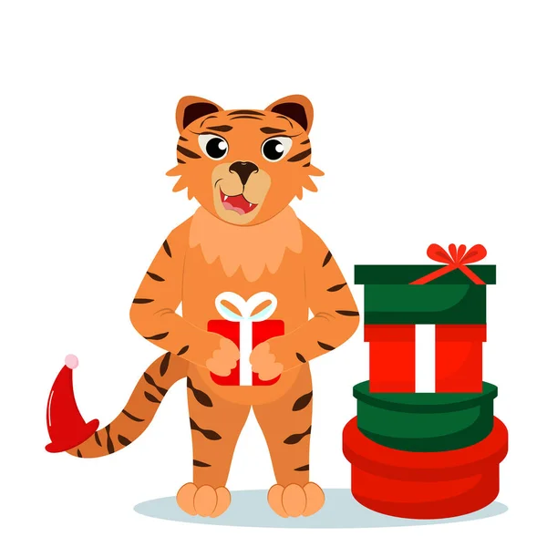 Natal Vetor Ilustração Tigre Com Presentes Suas Mãos Isolado Fundo — Vetor de Stock