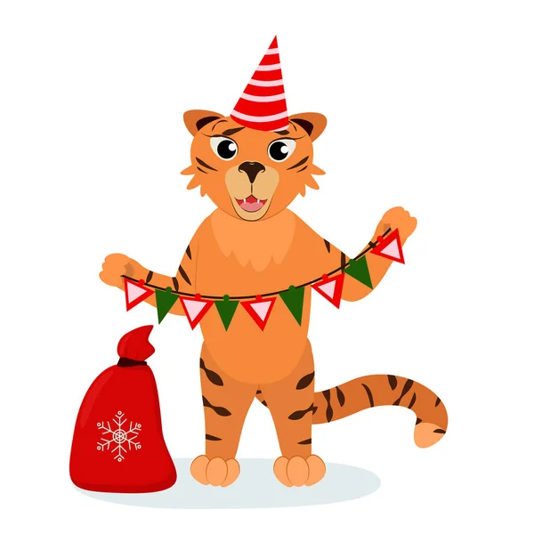 Navidad Vector Ilustración Tigre Con Una Guirnalda Las Manos Aislado — Archivo Imágenes Vectoriales