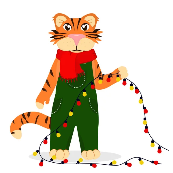 Navidad Vector Ilustración Tigre Con Una Guirnalda Las Manos Aislado — Archivo Imágenes Vectoriales