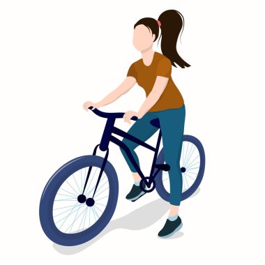  Bisikletli genç esmer kadın beyaz arka planda izole edilmiş.