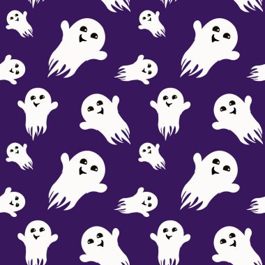  Cadılar Bayramı temasının vektör deseni. Koyu mor arka planda gülümseyen bir hayalet.